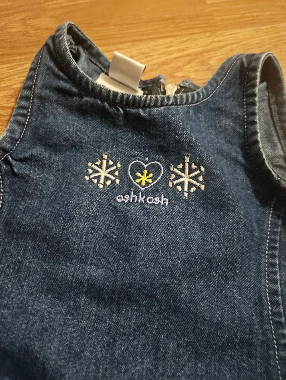 Y2K Vintage OshKosh Baby Denim Sleeveless Dress with Light Blue Trim